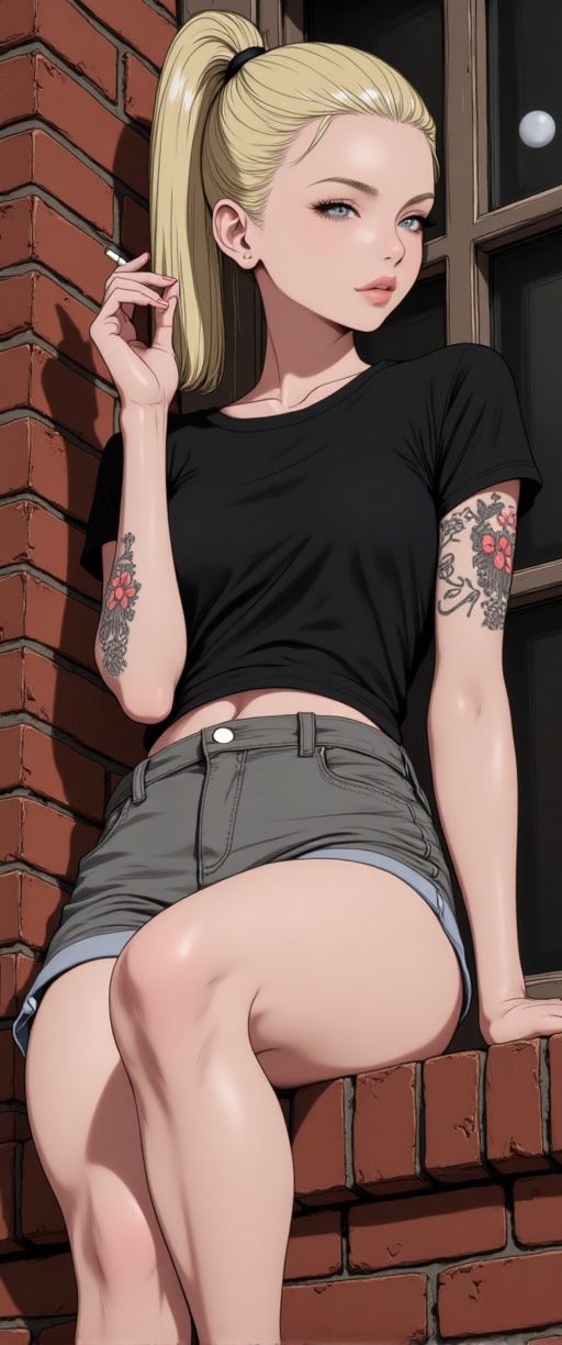 An animated image of a woman sitting on a brick wall. She is wearing a short sleeve black shirt and gray shorts. Her blond...