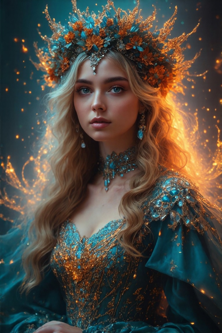 Mythical ethereal queen with serene expression,  long flowing blonde hair,  adorned with floral crown and jeweled headdres...
