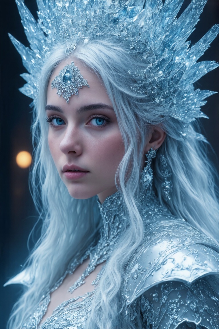 A regal ice queen,  adorned with a majestic,  intricately detailed ice crown and elaborate on Tensor.Art