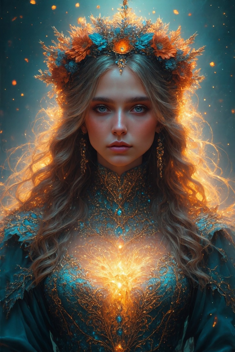 Mythical ethereal queen with serene expression,  long flowing blonde hair,  adorned with floral crown and jeweled headdres...