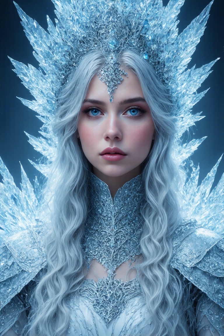 A regal ice queen,  adorned with a majestic,  intricately detailed ice crown and elaborate on Tensor.Art
