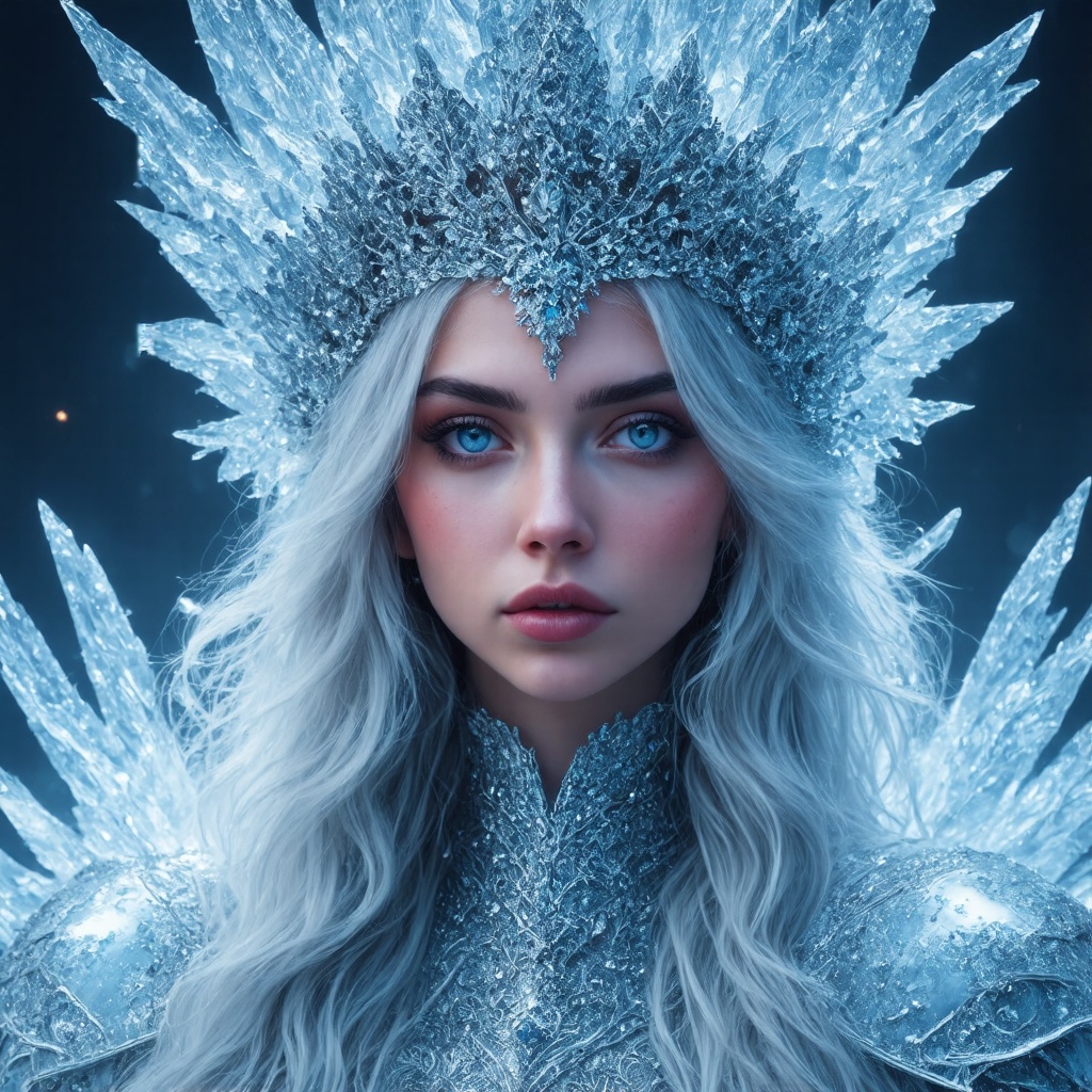 A regal ice queen,  adorned with a majestic,  intricately detailed ice crown and elaborate on Tensor.Art