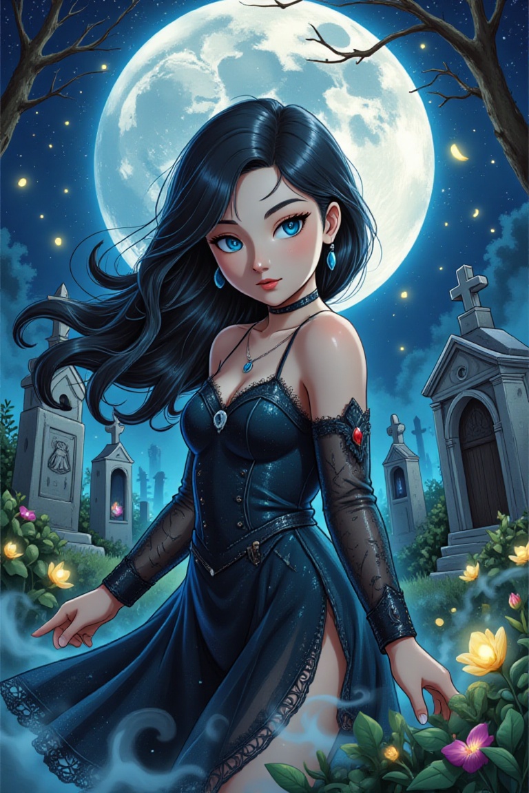 Moonlit Cryptscape: A young gothic beauty,  her raven tresses wildly framing her heart-shaped face,  stands resolute amids...
