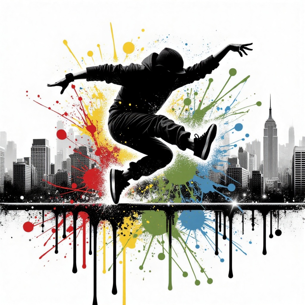 a black silhouette of a man in a black jumpsuit,  adorned with a helmet and black shoes,  is seen jumping over a black met...