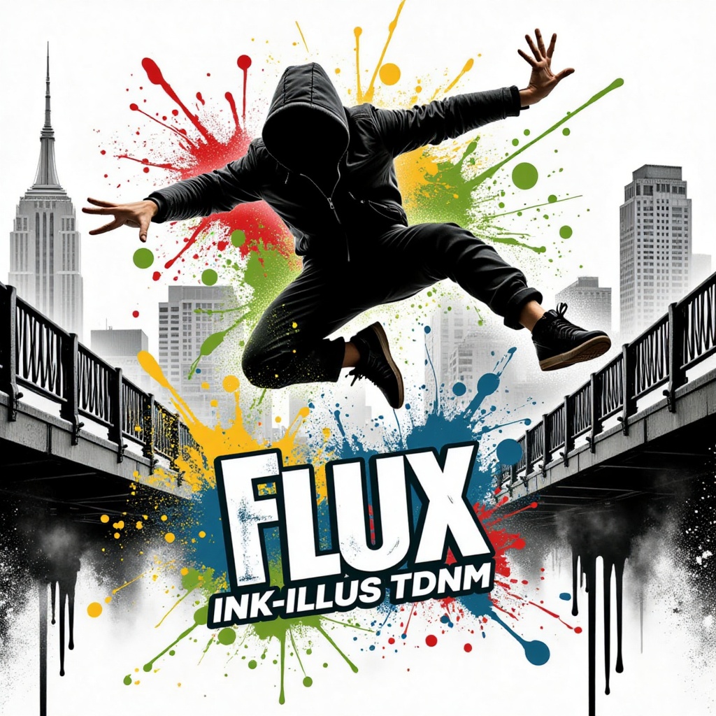 A high-energy urban scene unfolds as a daring figure,  clad in sleek black attire,  launches into a dramatic leap over a d...