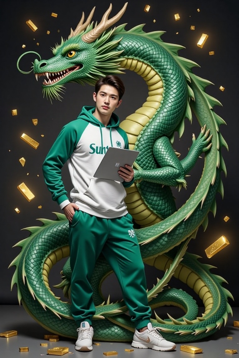 A proud scene where a man,  adorned in a sportive green and white hoodie sport clothes,  stands gracefully beside a majest...