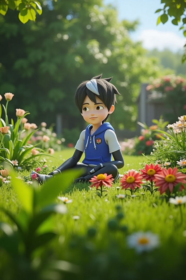 Amato Animation character,  with his white stripe hair,  is in a garden. The scene is framed to capture the lush on Tensor...