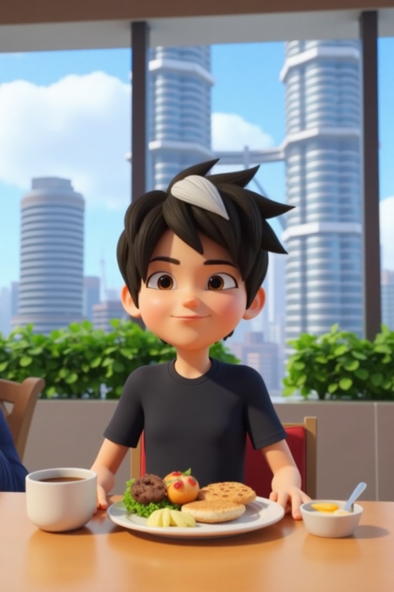 An animated scene of Amato,  a charming character with a white stripe in his hair,  enjoying breakfast. He is seated at a...