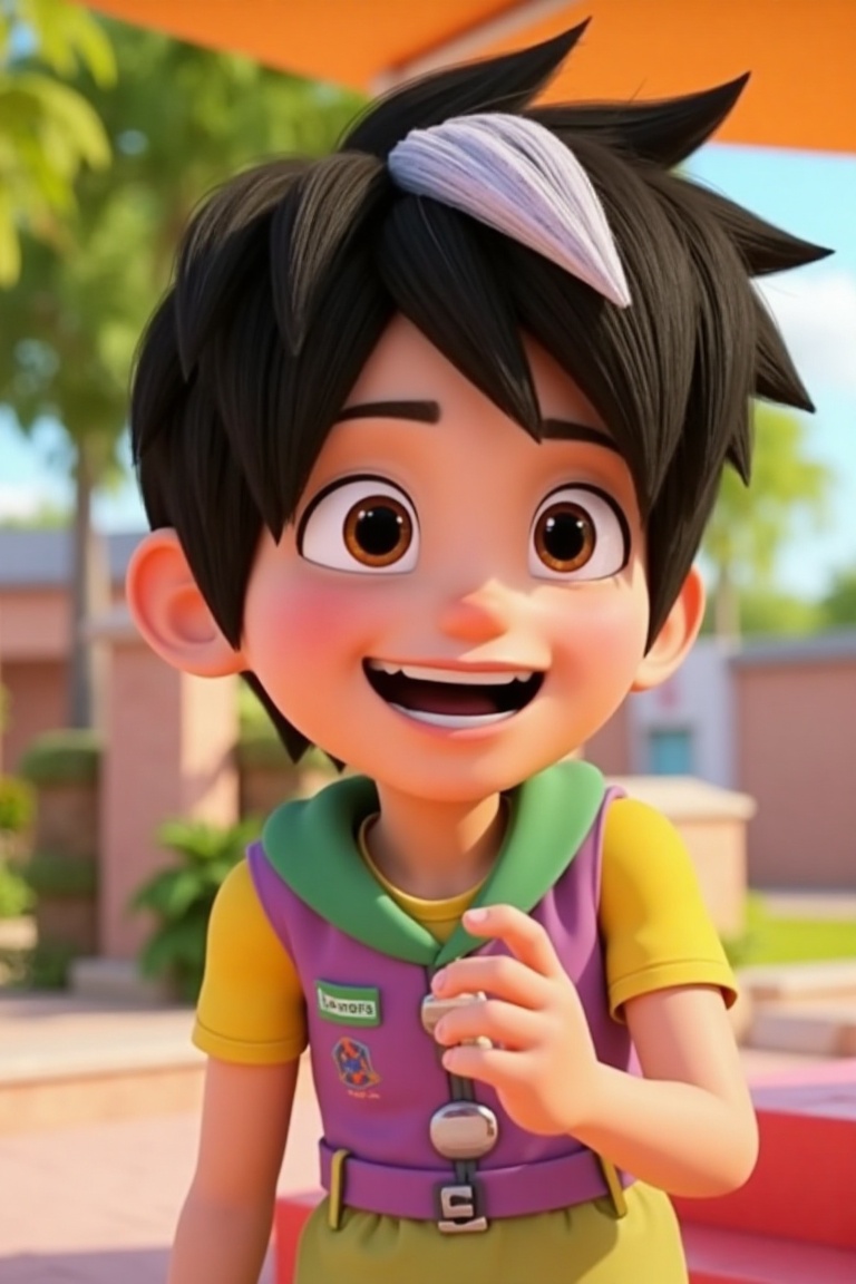 Amato Animation character,  with his stripe hair,  is happy. The scene is framed to capture Amato in a close-up or mid-sho...