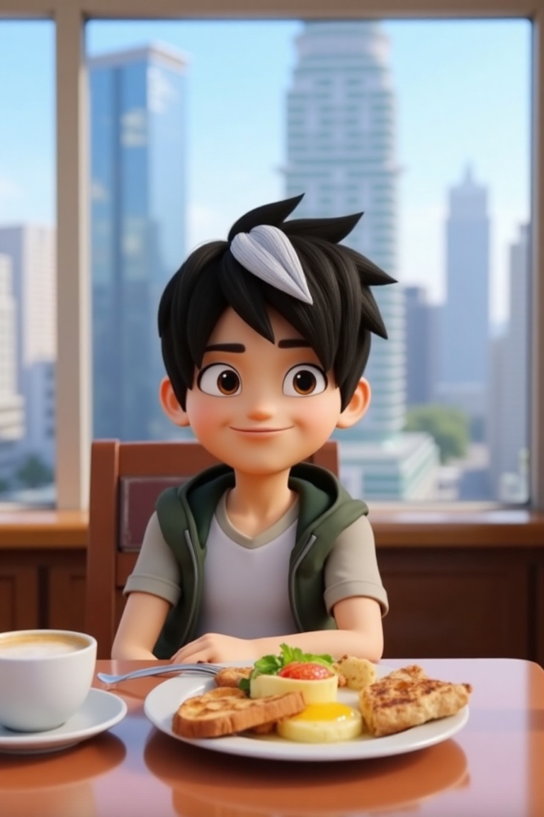 An animated scene of Amato,  a charming character with a white stripe in his hair,  enjoying breakfast. He is seated at a...