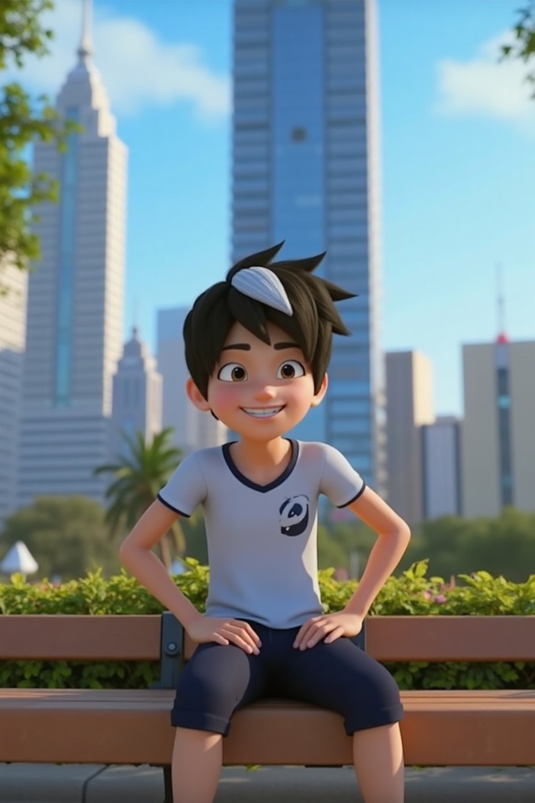 An animated scene of Amato,  a charming character with a white stripe in his hair,  sitting on a bench. He is dressed casu...