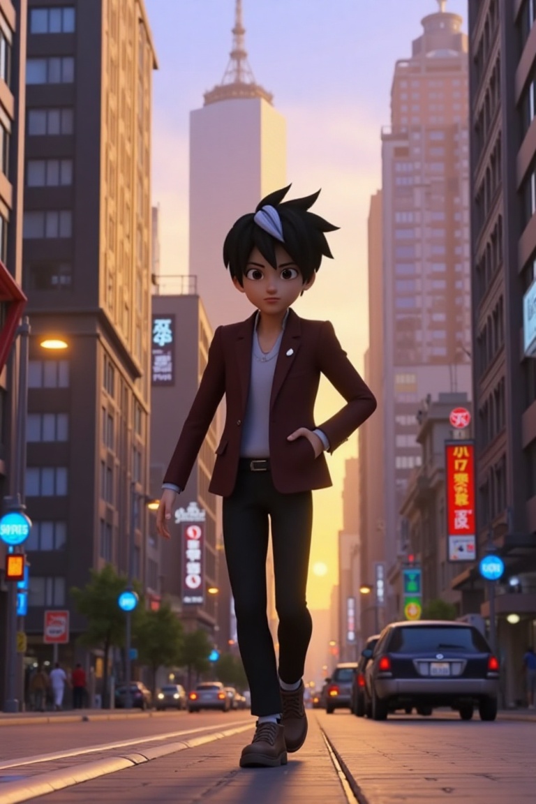 Amato Animation Character with striped hair,  walking through a bustling city street. The shot is framed from a low angle,...