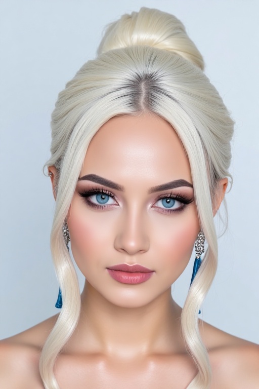 showing an Indonesian girl with long white hair in a bun up,  beautiful face,  make-up on Tensor.Art
