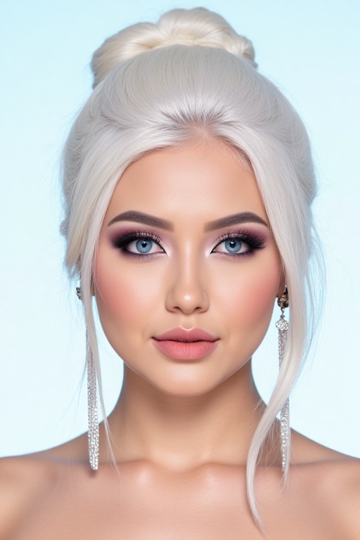 showing an Indonesian girl with long white hair in a bun up,  beautiful face,  make-up on Tensor.Art