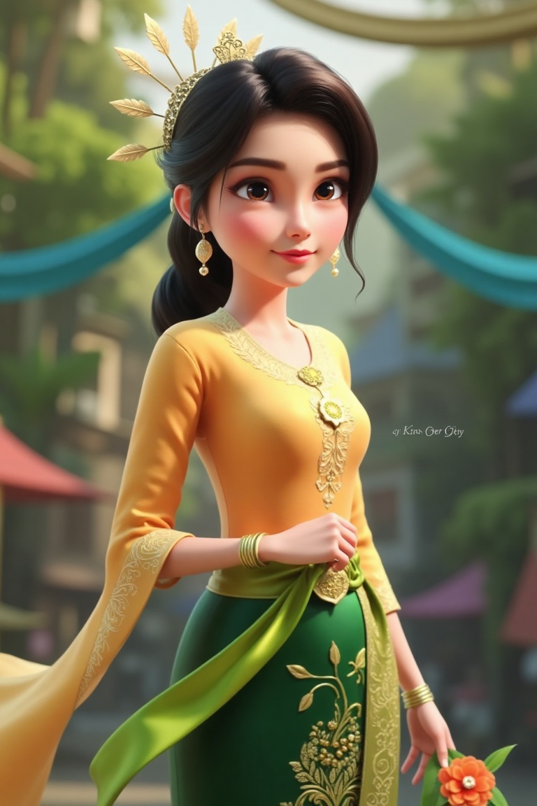 A detailed animation of Puteri Manis,  a pretty girl with intricate attire. She wears a flowing yellow cloth over her uppe...