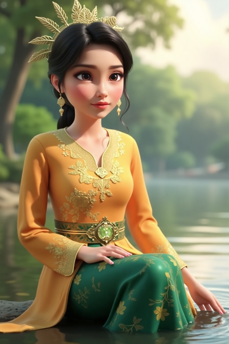 A detailed animation of Puteri Manis,  a pretty girl with intricate attire,  sitting near a river in a cozy moment. She we...