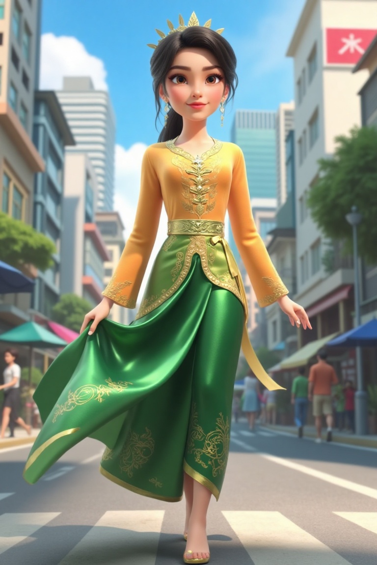 A detailed animation of Puteri Manis,  a pretty girl with intricate attire,  walking through Kuala Lumpur city. She wears...