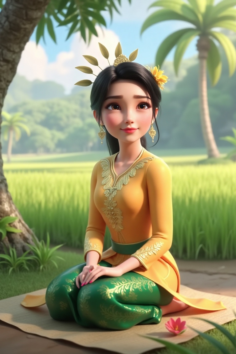 A detailed animation of Puteri Manis,  a pretty girl with intricate attire,  sitting on a mat under a coconut tree in a pa...