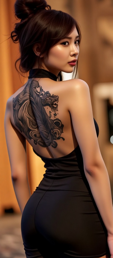 A cinematic and detailed illustration of a confident woman seen from behind,  standing in a relaxed pose while slightly tu...