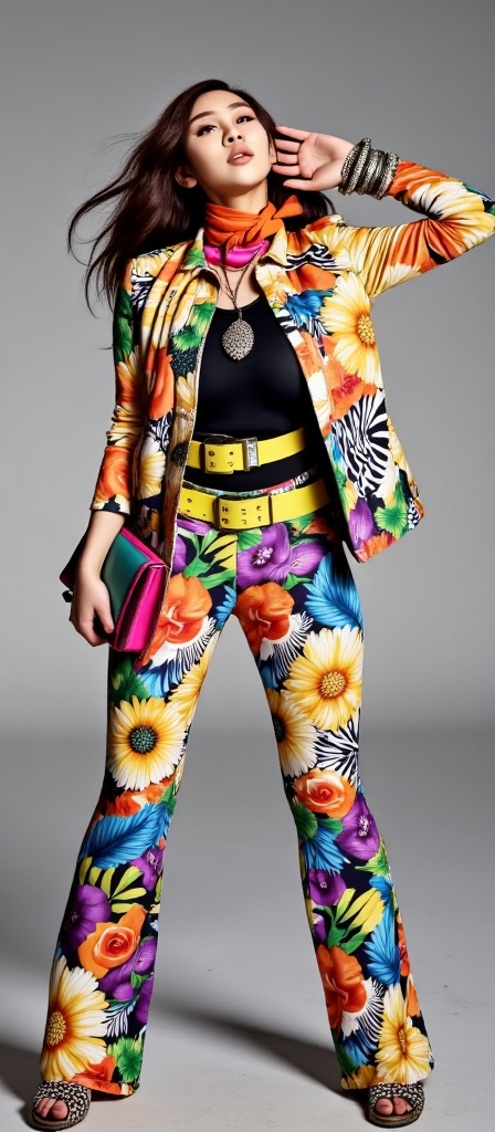 A vibrant and dynamic fashion editorial featuring a confident woman posing energetically against a neutral gray background...