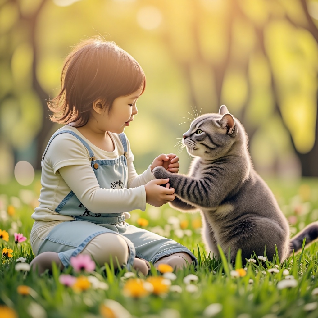 A surreal and heartwarming scene of a 4-year-old child playing alongside a chubby cat. The child and the cat are sitting o...