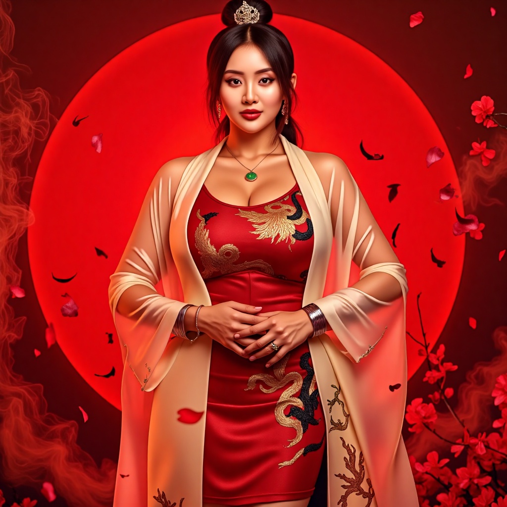 Super detailed high quality 32K resolution,  Pose: She stands with tranquil confidence,  both hands gently clasped at her...