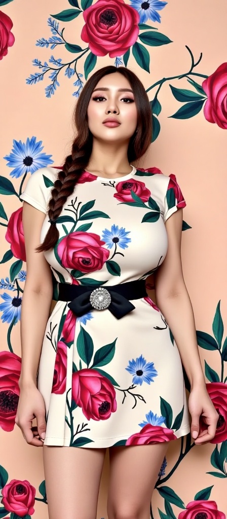 A striking and artistic portrait of Abigail Ratchford standing against a vibrant floral background that seamlessly matches...