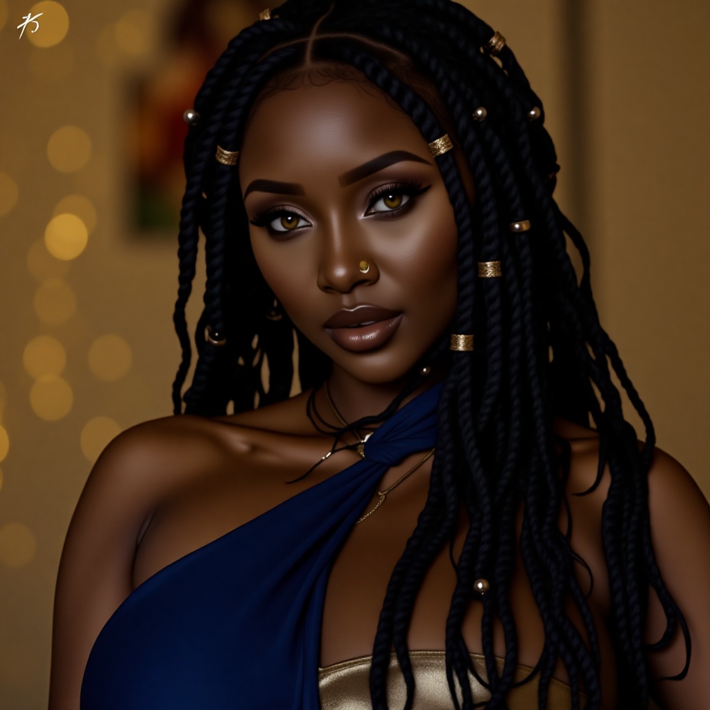 A breathtaking portrait of a dark-skinned beauty with almost black skin and striking yellow pupils. Her appearance is eleg...