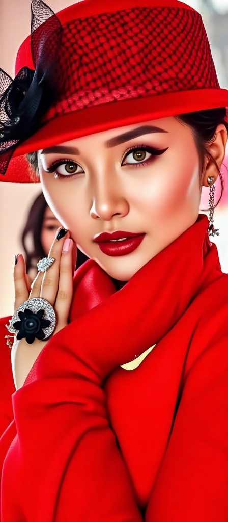 A glamorous and high-fashion close-up portrait of a sophisticated woman exuding elegance and confidence. She is wearing a...