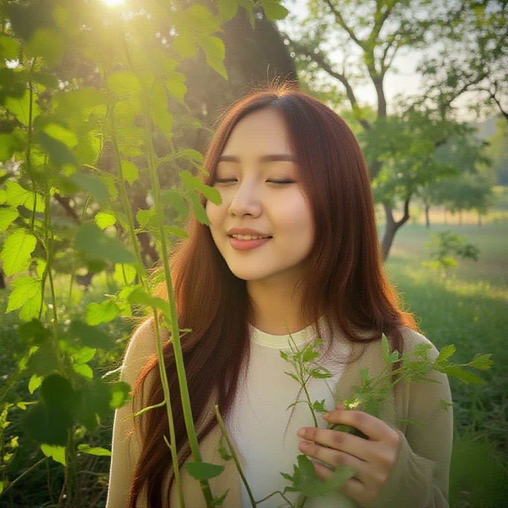 A captivating portrait of a youthful beauty: Soft focus on the subject's serene features,  illuminated by warm morning lig...