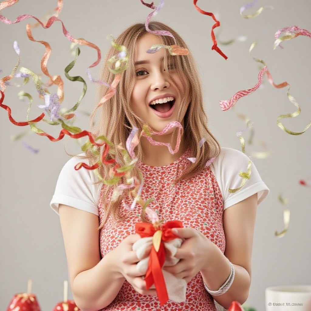 An portrait of a party girl pulling the bottom of a party favor and strams of ribbons come shooting up and shocking her. H...