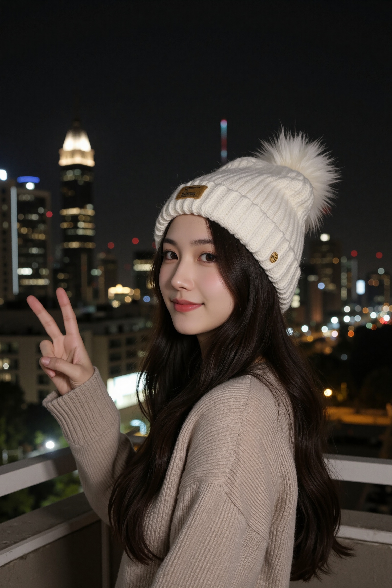 woman with long dark hair,  wearing a white beanie with a pom-pom on top. She is standing on a balcony overlooking a city...