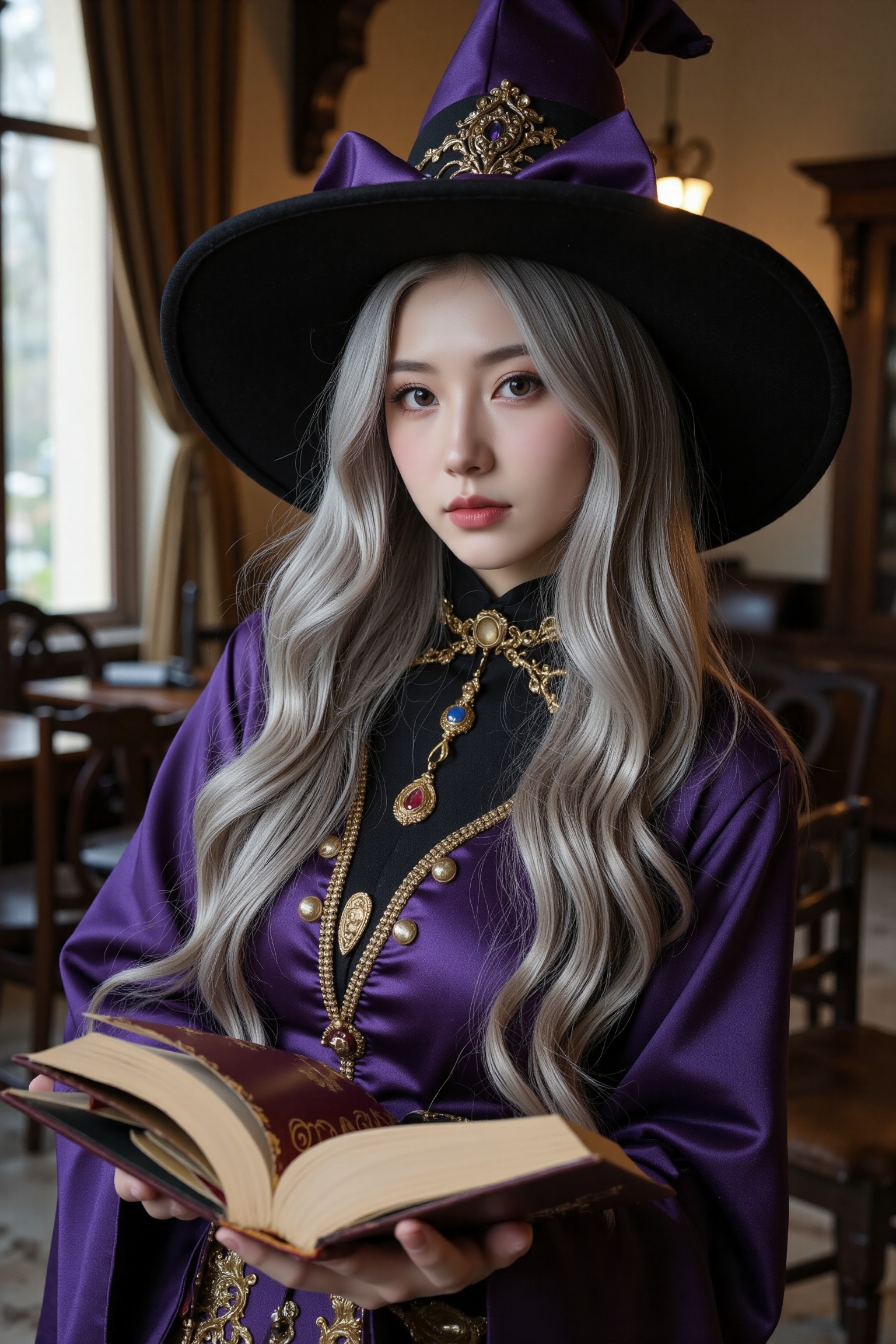 woman long grey hair and purple eyes,  she looking at viewer with serious expression,  she wearing ornate magician tunic c...