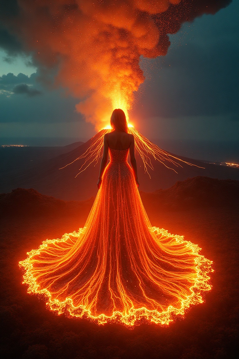 Double exposure,  large-scale projection above the volcano from a bird's eye view,  a huge diva in a dress with a fiery wa...
