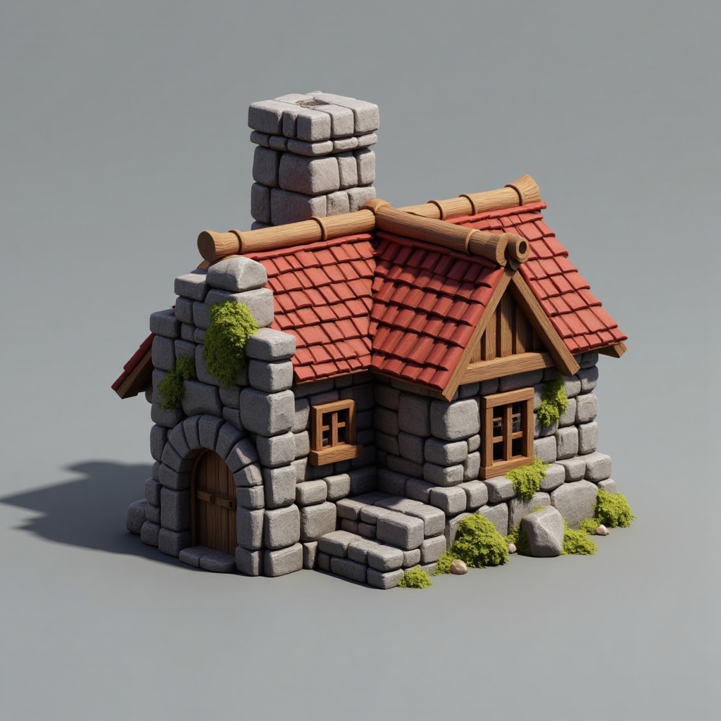 Captured at eye-level on a low-angle shot,  a detailed model of a house made up of gray rocks,  with a brown roof and a br...
