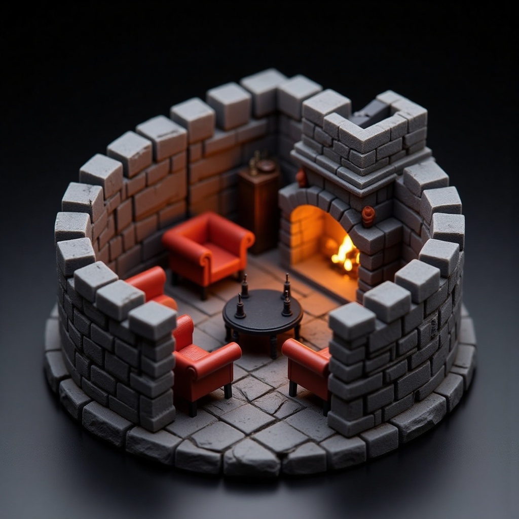 a miniature model of a castle-like structure is displayed on a gray surface. The structure is made up of gray bricks,  wit...