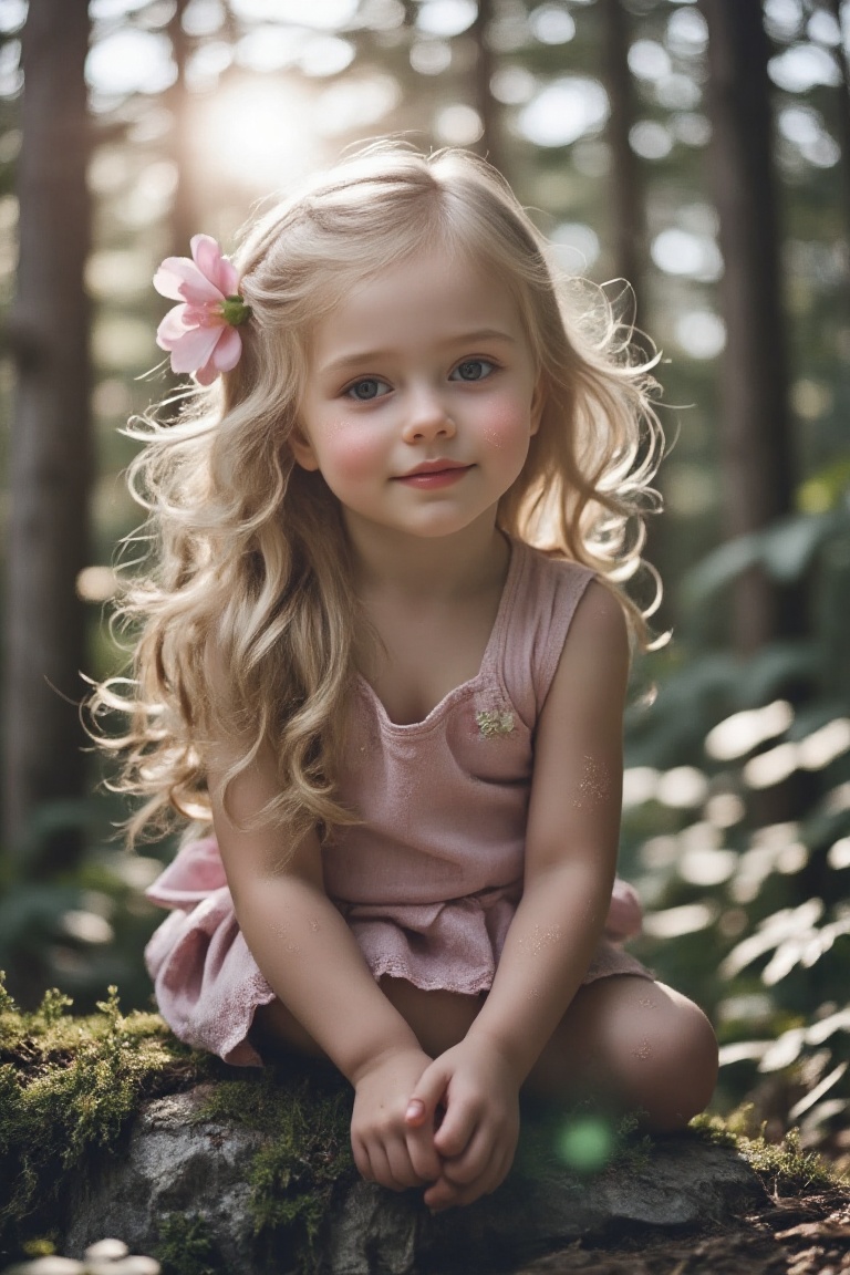 A hyperrealistic photo of a beautiful young mountain girl with glowing freckles and flowers in her hair,  smiling softly....