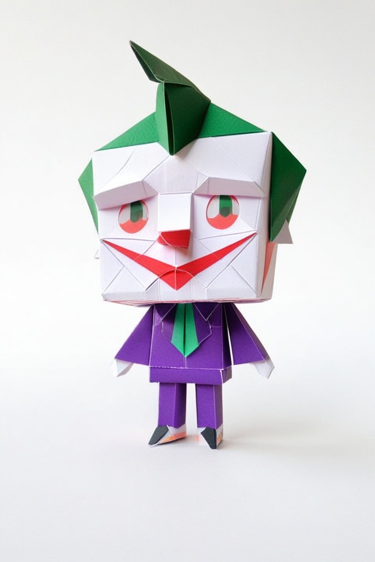 joker,  papercraft figure stylized cartoonish design square head simplified limbs white background low-poly geometric 3D p...