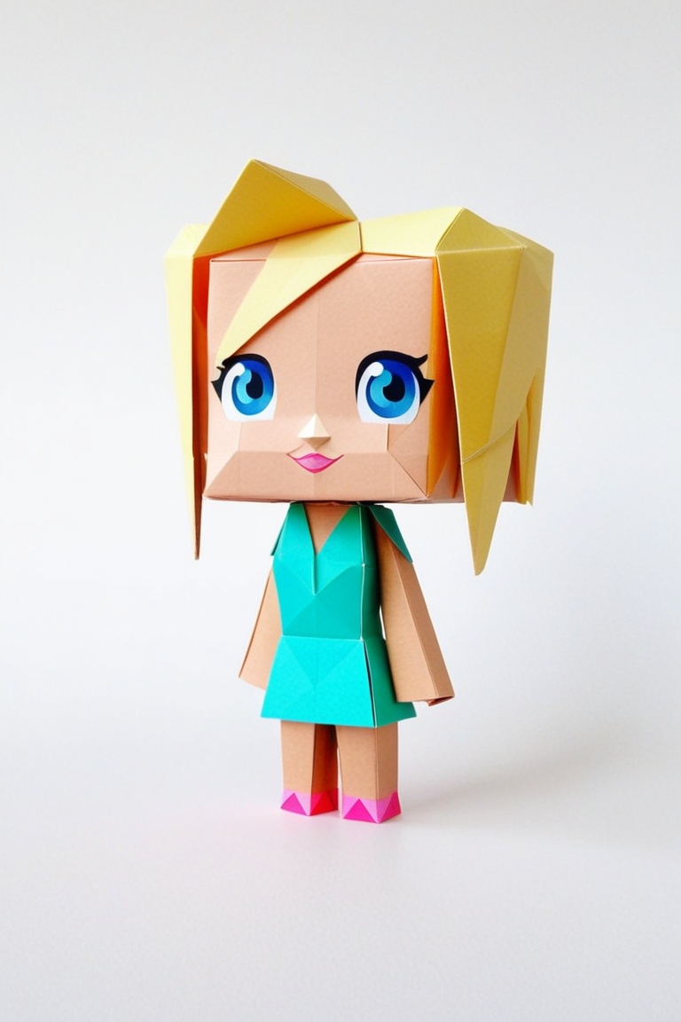 Britney Spears,  papercraft figure stylized cartoonish design square head simplified limbs white background low-poly geome...