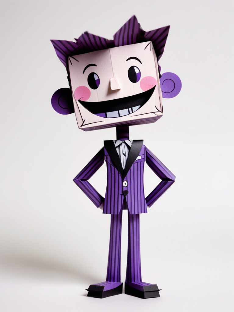 A papercraft figure in a stylized,  cartoonish design. It features a character wearing a purple and black striped suit wit...