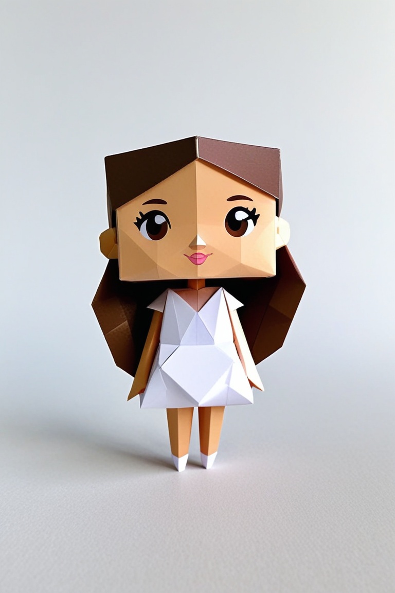 cute Ariana Grande,  papercraft figure stylized cartoonish design square head simplified limbs white background low-poly g...