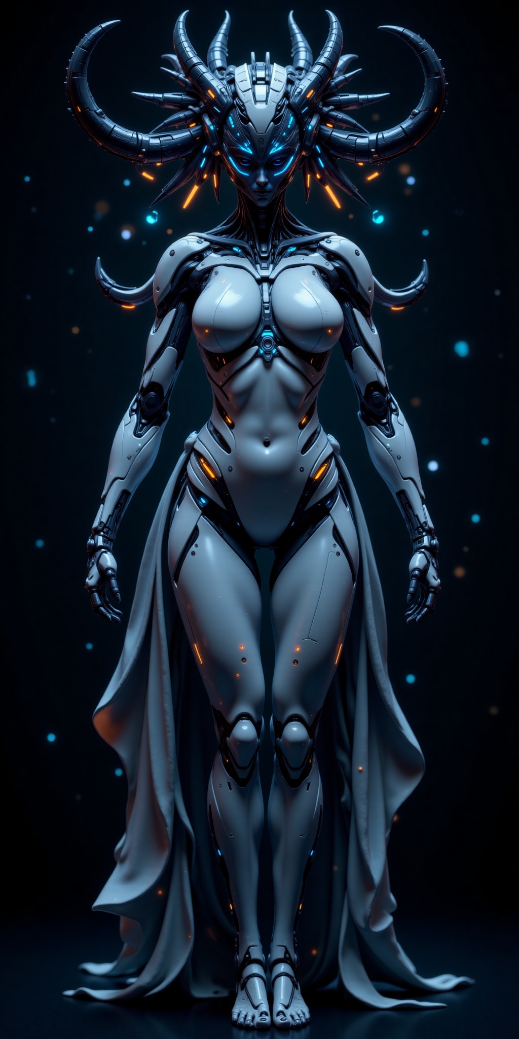 Full-body shot of a cyberpunk,  gothic,  biomechanical geisha shaman woman with white plastic skin on Tensor.Art