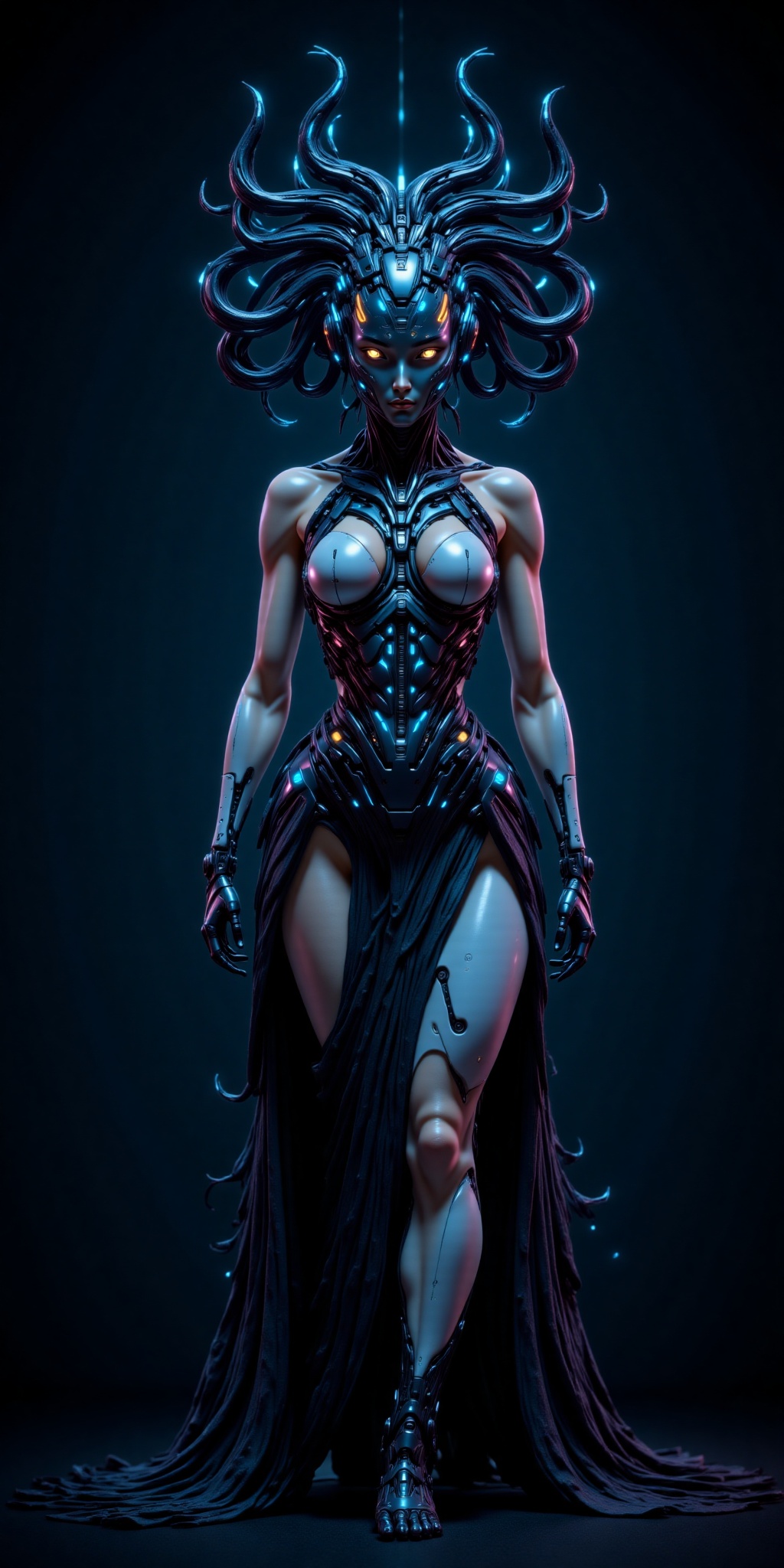 Full-body shot of a cyberpunk,  gothic,  biomechanical geisha shaman woman with white plastic skin on Tensor.Art