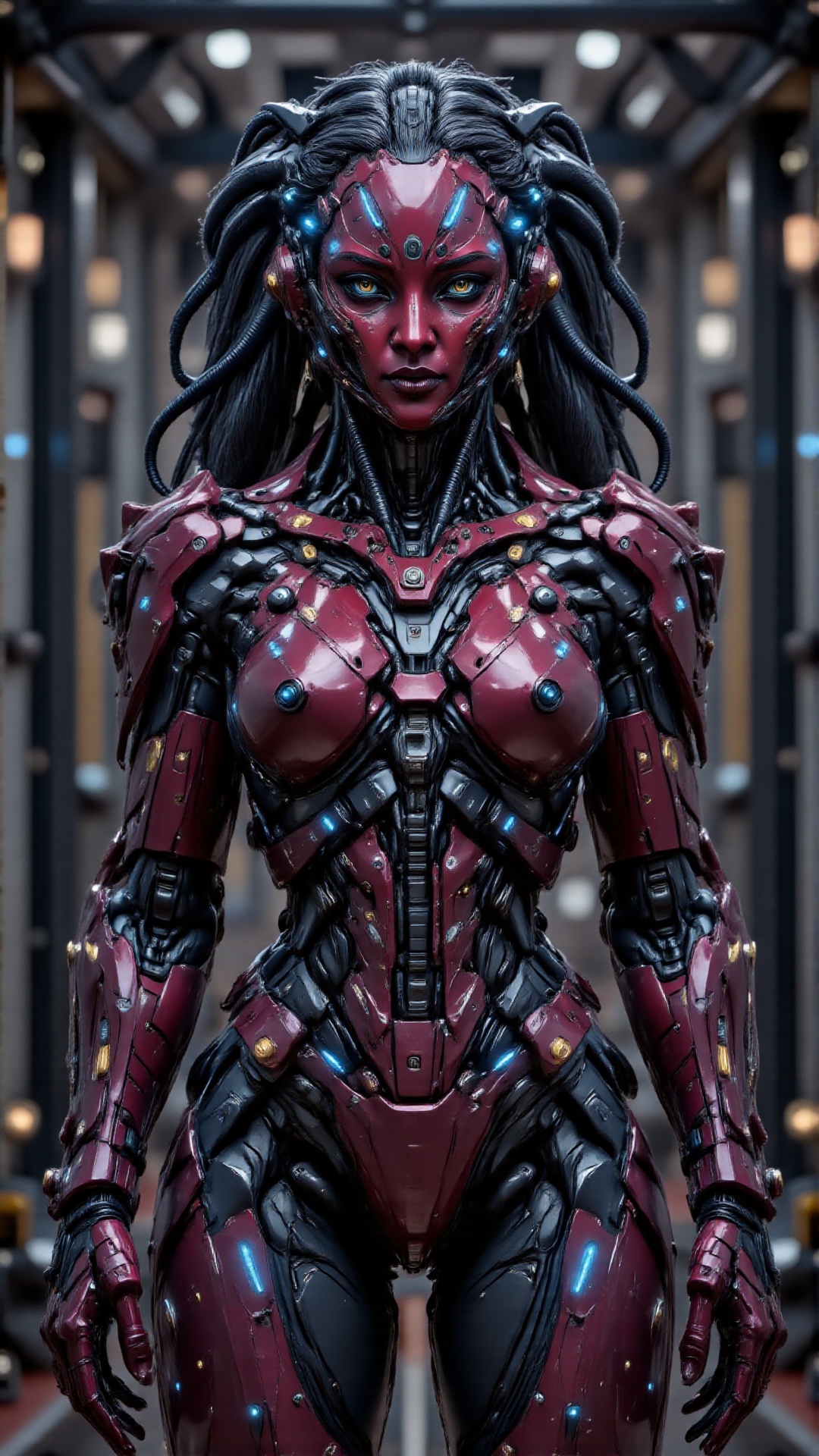 A surreal 8K UHD digital artwork of an Indian robot girl,  dressed in a highly detailed traditional Kerala pattu pavadai—a...