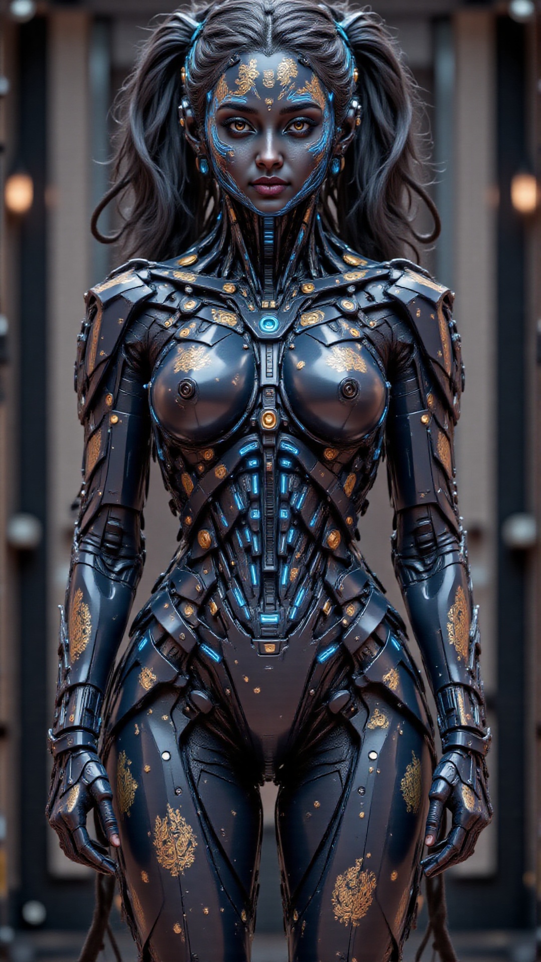 A surreal 8K UHD digital artwork of an Indian robot girl,  dressed in a highly detailed traditional Kerala pattu pavadai—a...