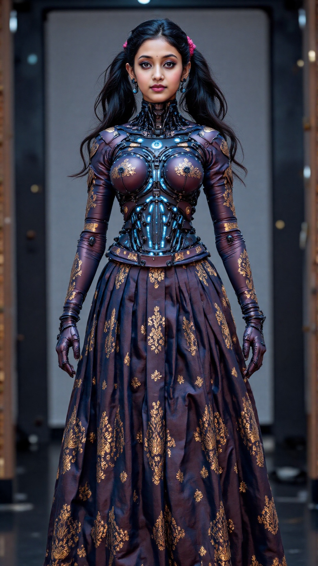 A surreal 8K UHD digital artwork of an Indian robot girl,  dressed in a highly detailed traditional Kerala pattu pavadai—a...