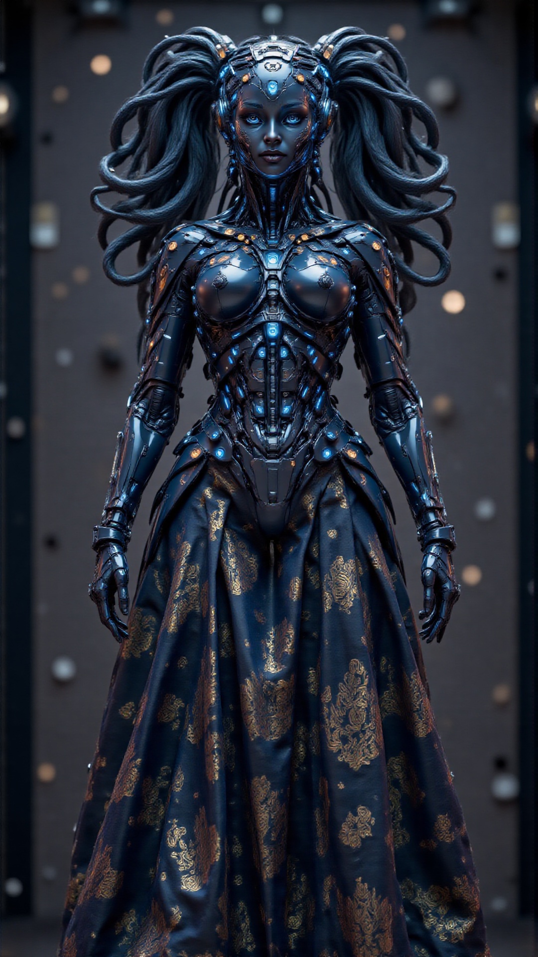 A surreal 8K UHD digital artwork of an Indian robot girl,  dressed in a highly detailed traditional Kerala pattu pavadai—a...