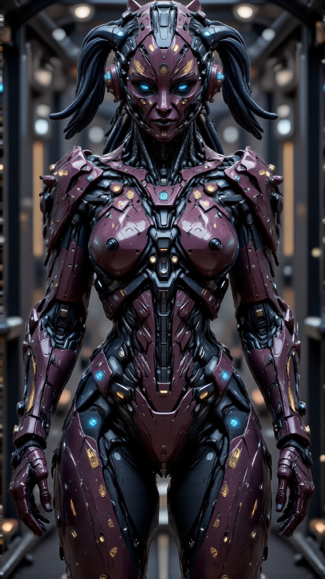 A surreal 8K UHD digital artwork of an Indian robot girl,  dressed in a highly detailed traditional Kerala pattu pavadai—a...