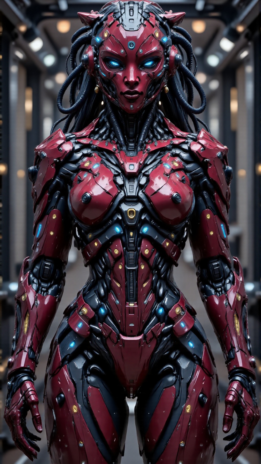 A surreal 8K UHD digital artwork of an Indian robot girl,  dressed in a highly detailed traditional Kerala pattu pavadai—a...