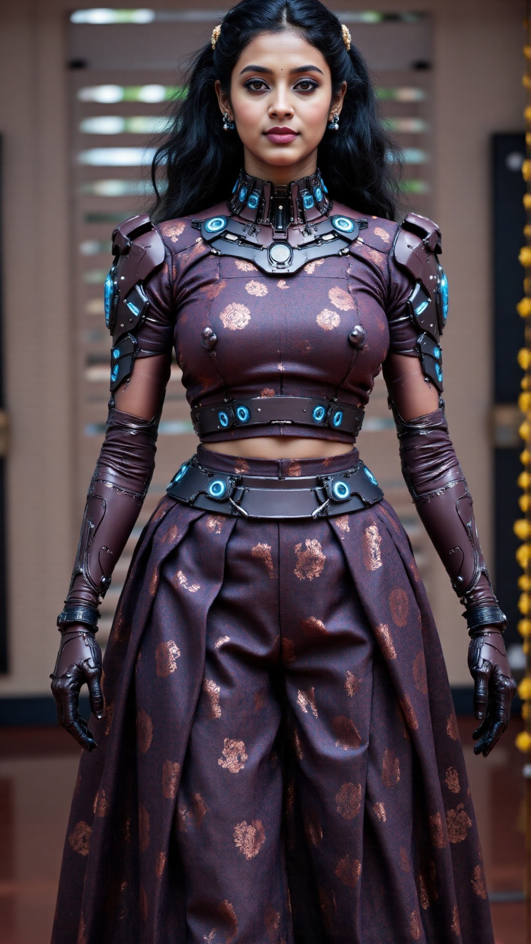 A traditional Indian skirt and blouse:2,  A surreal 8K UHD digital artwork of an Indian robot girl,  dressed in a highly d...